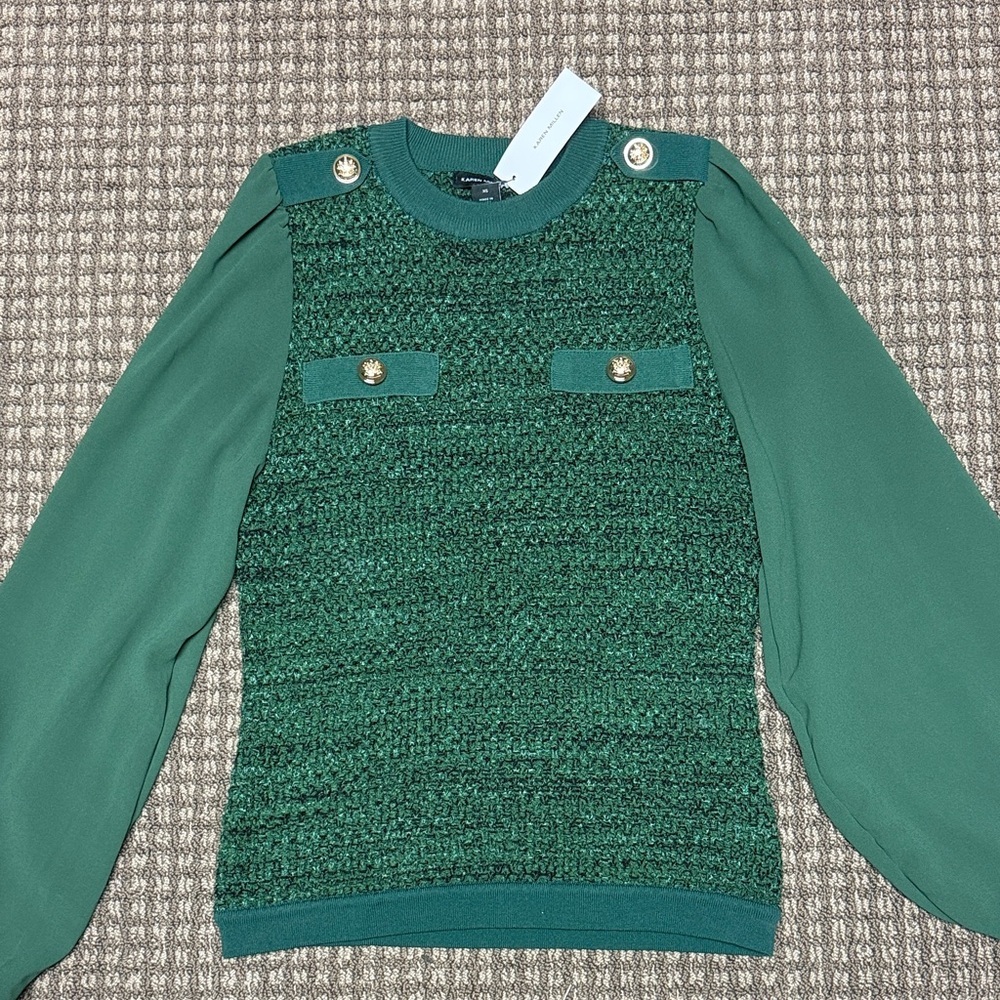 Karen Millen Emerald Knit Top with Chiffon Sleeves NWT Sz XS